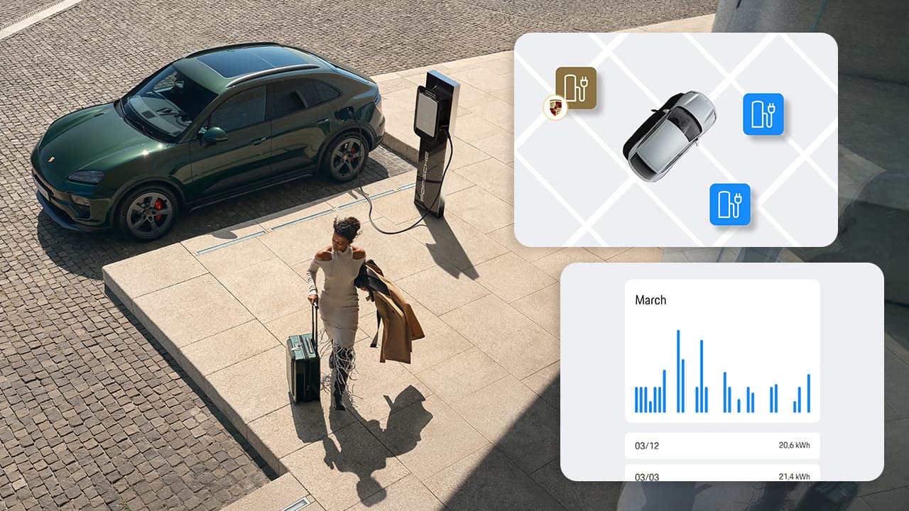 Woman charging Porsche in a destination